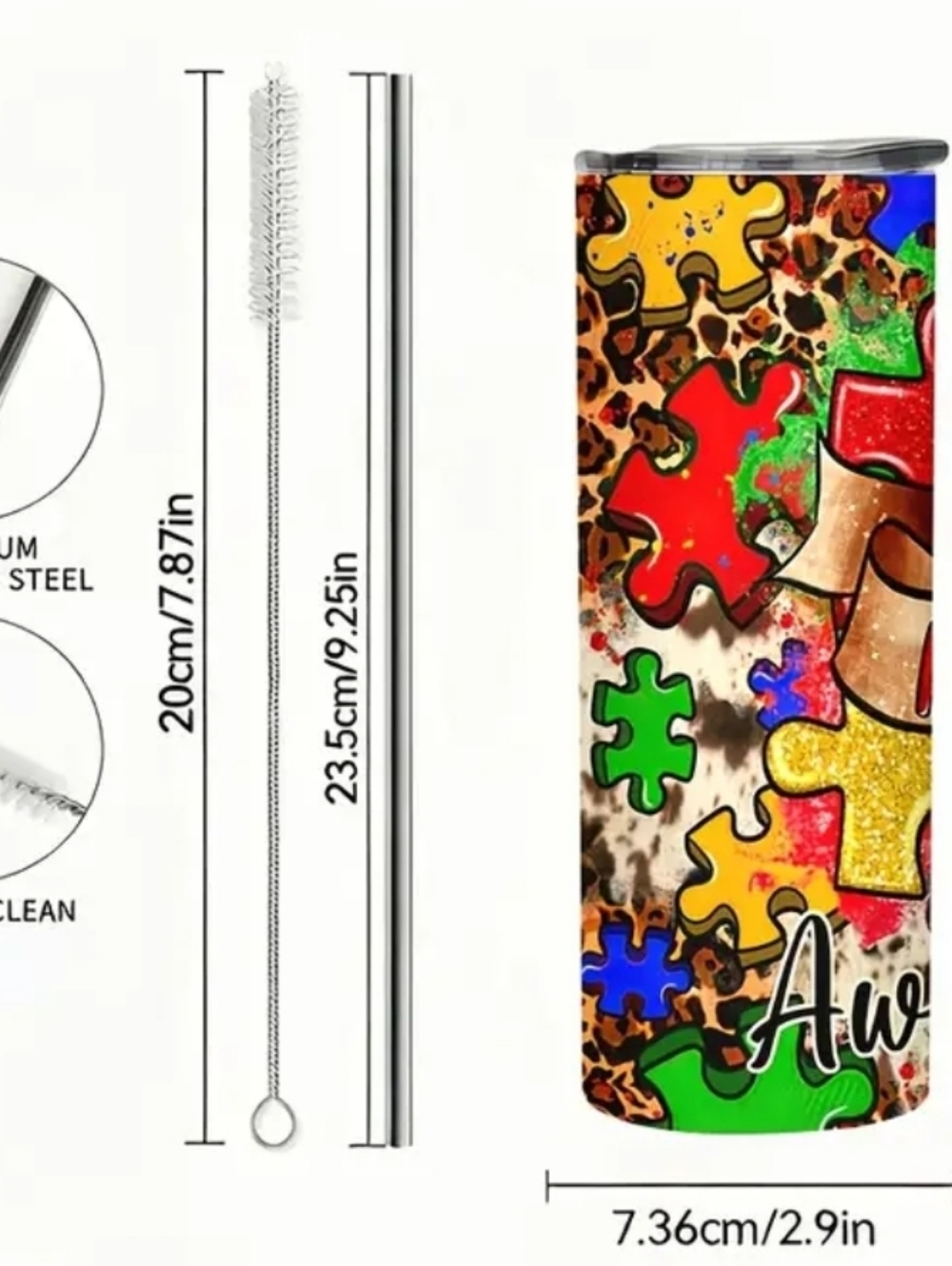 1 Autism Awareness Tumbler With Straw | Puzzle Piece Insulated Cup 20 oz NEW - Picture 2 of 4